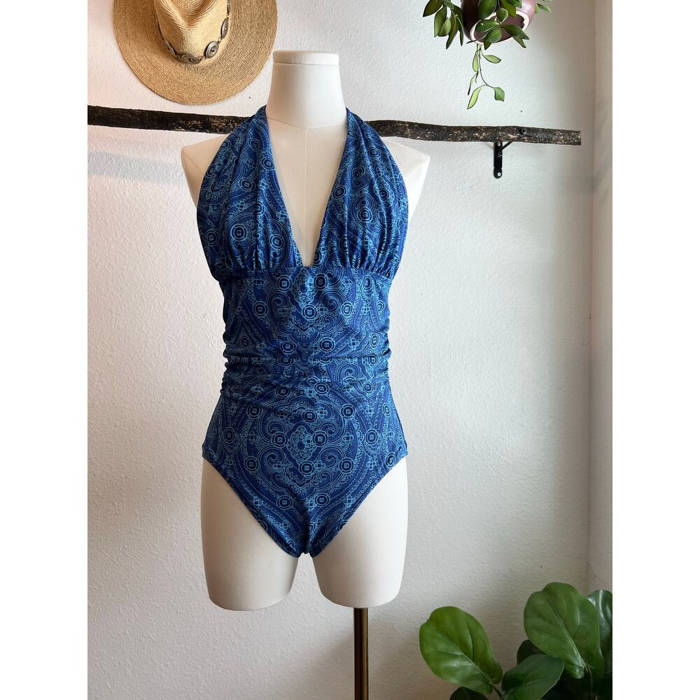 Y2K Old Navy Blue Indie Printed Halter Flattering One Piece Swimsuit Size Medium